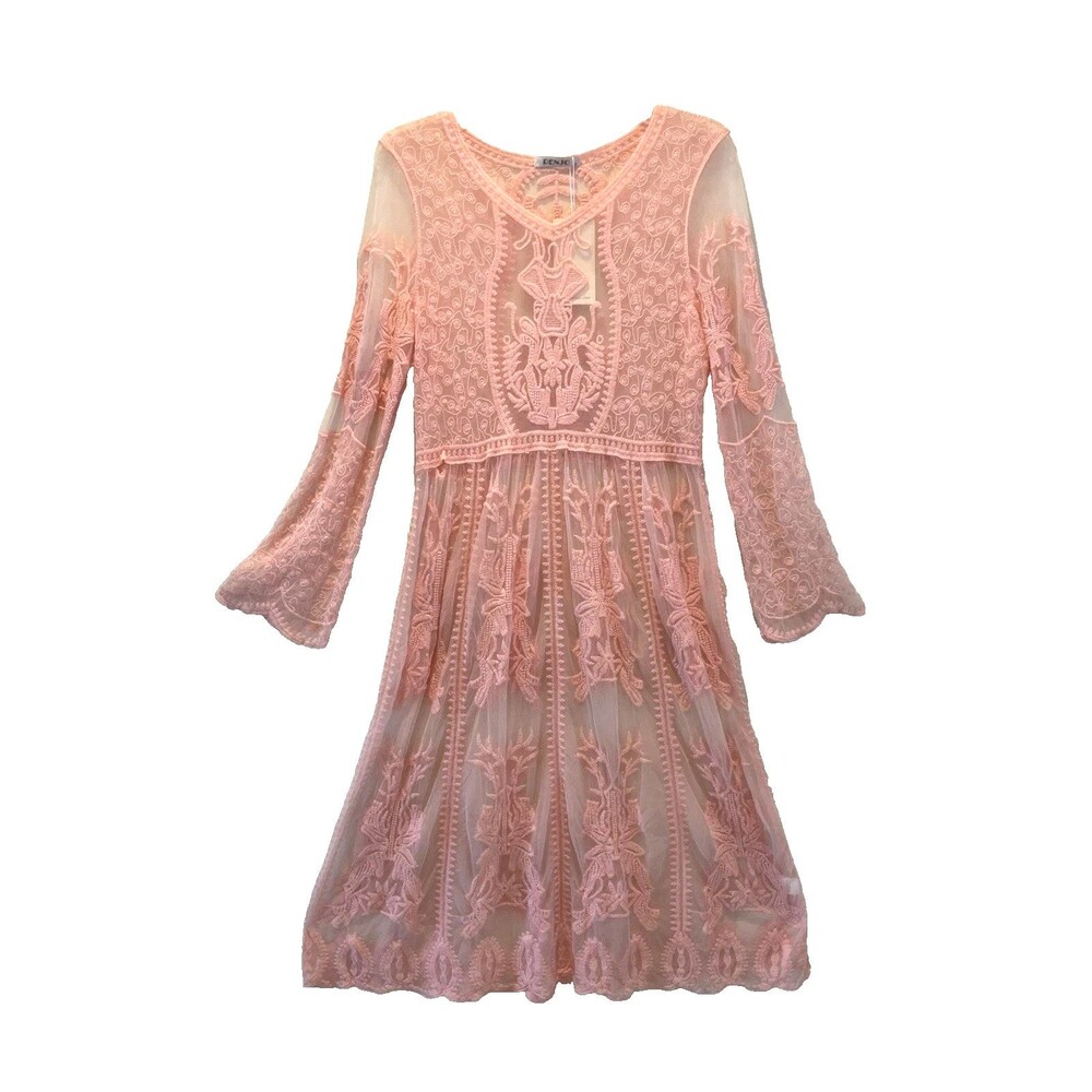 Renjo Long Sleeve Floral Lace Sheer Women's Dress W/Cotton Embroidery Coral Pink